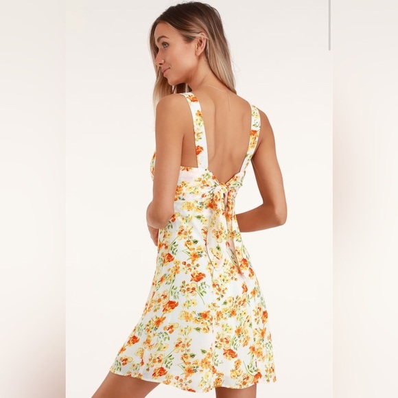 Day Date White and Orange Floral Print Tie-Back Dress XS - Picture 2 of 6